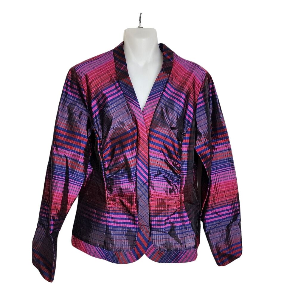 Coldwater Creek Women Jacket Small Silk Blend Bias Plaid Taffeta Purple Blue Zip